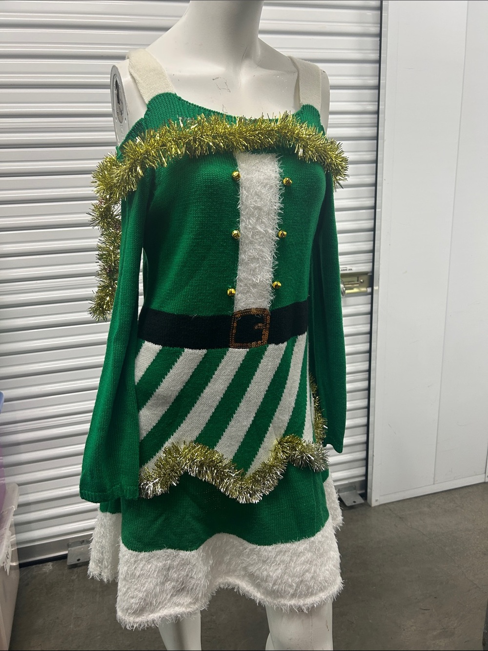 Women’s Green Elf Holiday Costume Dress with Tinsel Trim